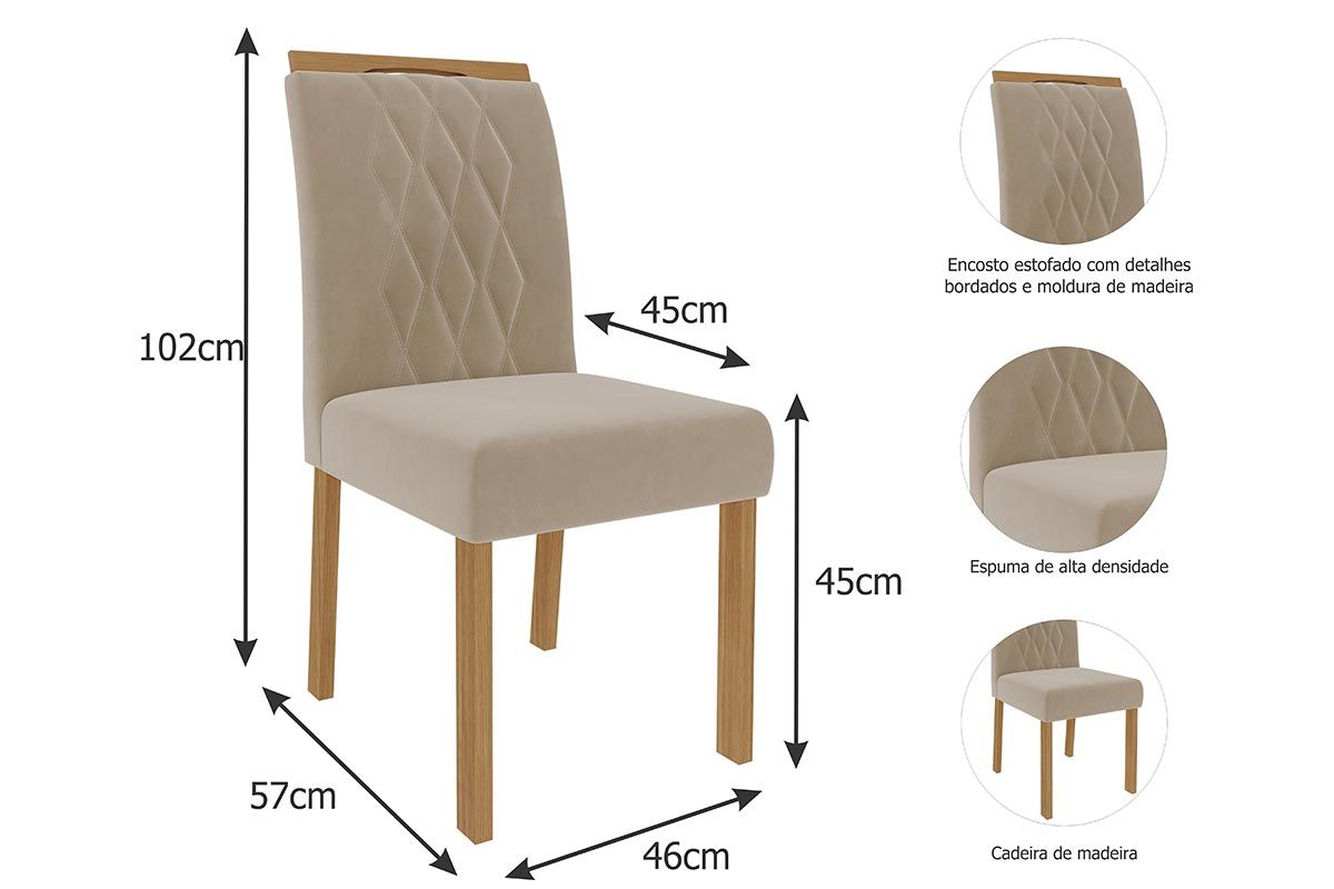 Sala Jantar Mesa Carol Tampo Madeirado c/ Vidro 180x90cm e 6 Cadeiras Juliana - Cimol