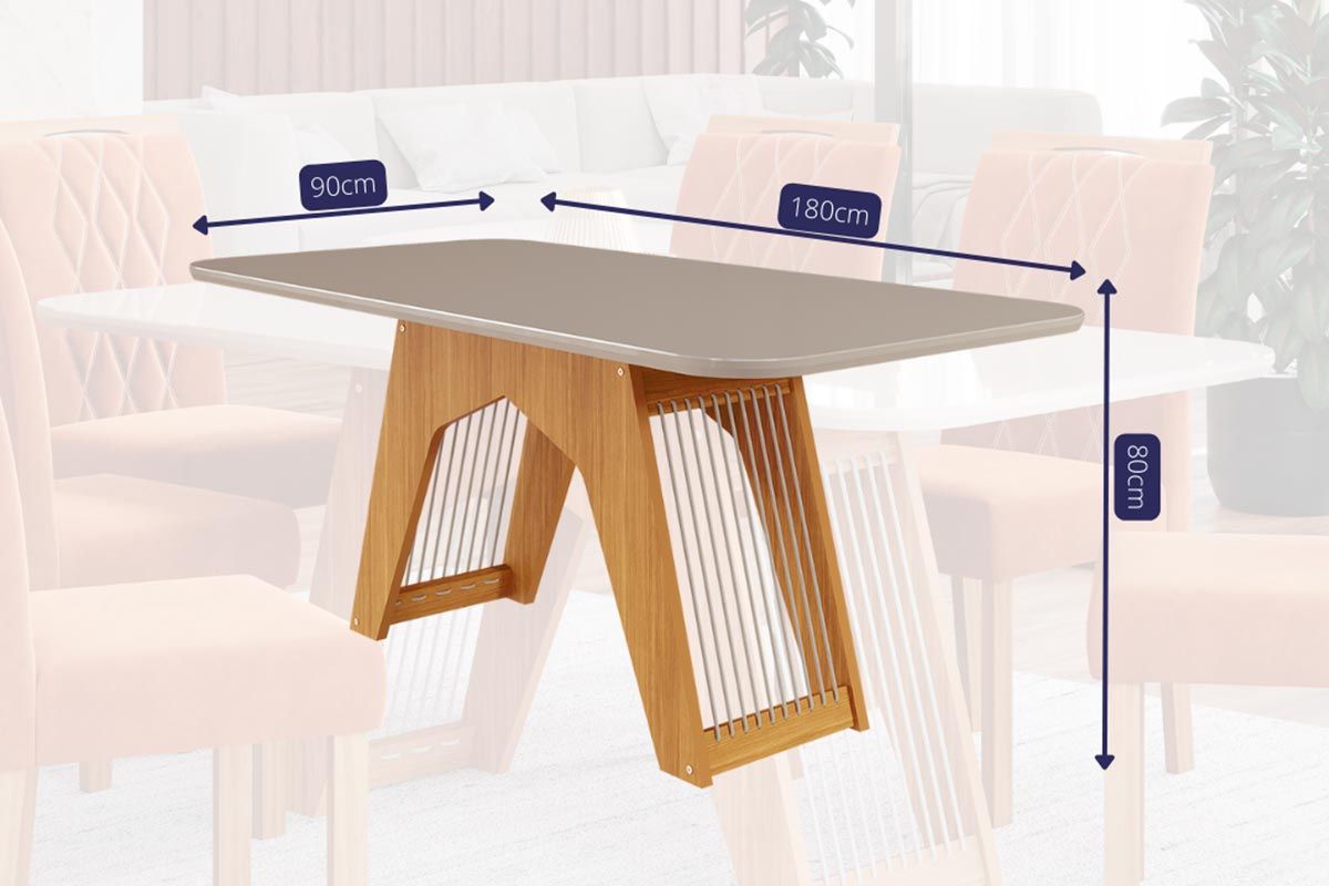 Sala Jantar Mesa Carol Tampo Madeirado c/ Vidro 180x90cm e 6 Cadeiras Juliana - Cimol