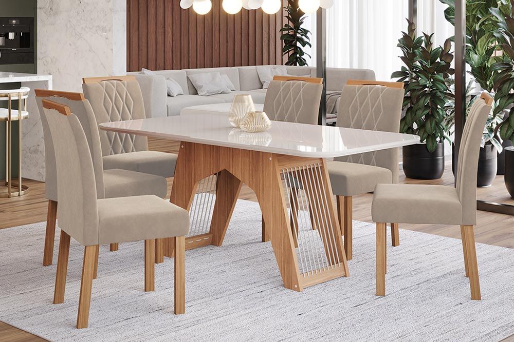 Sala Jantar Mesa Carol Tampo Madeirado c/ Vidro 180x90cm e 6 Cadeiras Juliana - Cimol