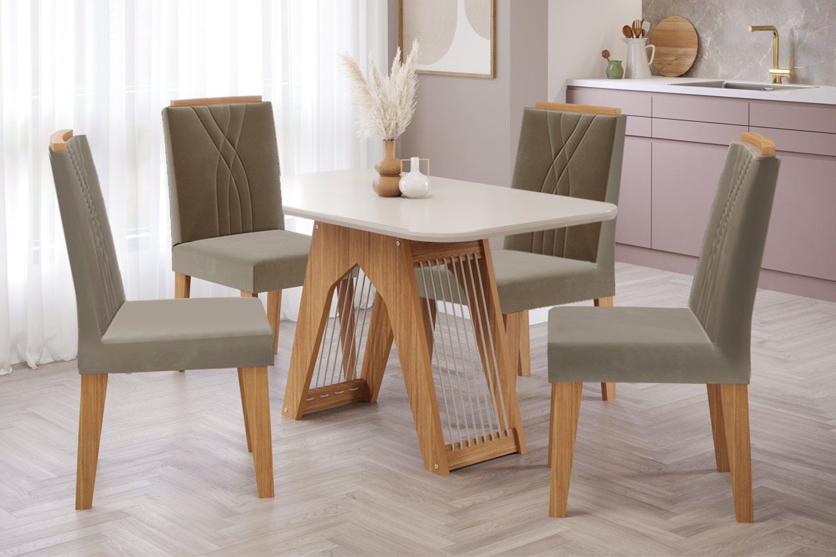 Sala Jantar Mesa Carol Tampo Madeirado c/ Vidro 130x80cm e 4 Cadeiras Nicole - Cimol