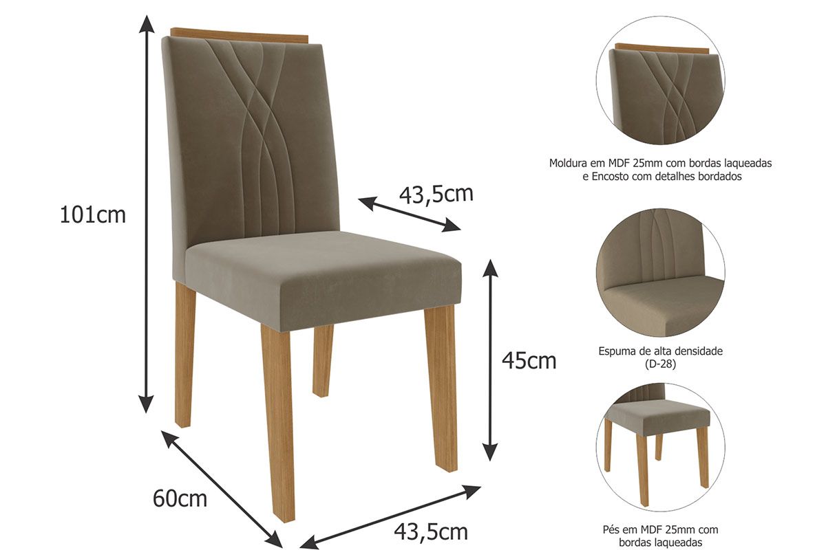 Sala Jantar Mesa Carol Tampo Madeirado c/ Vidro 130x80cm e 4 Cadeiras Nicole - Cimol