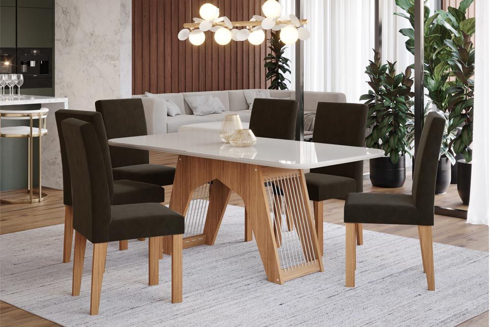 Sala Jantar Mesa Carol Tampo Madeirado c/ Vidro 180x90cm e 6 Cadeiras Maia - Cimol