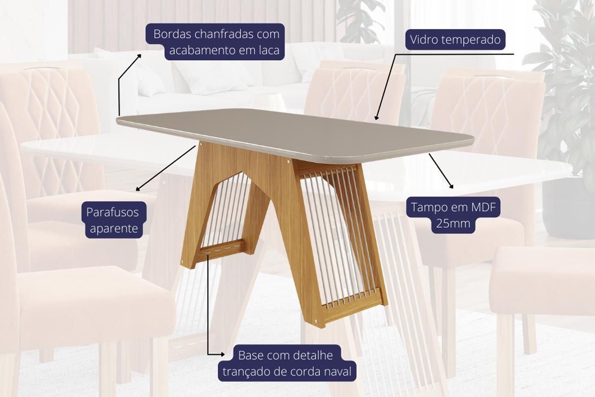 Sala Jantar Mesa Carol Tampo Madeirado c/ Vidro 180x90cm e 6 Cadeiras Maia - Cimol