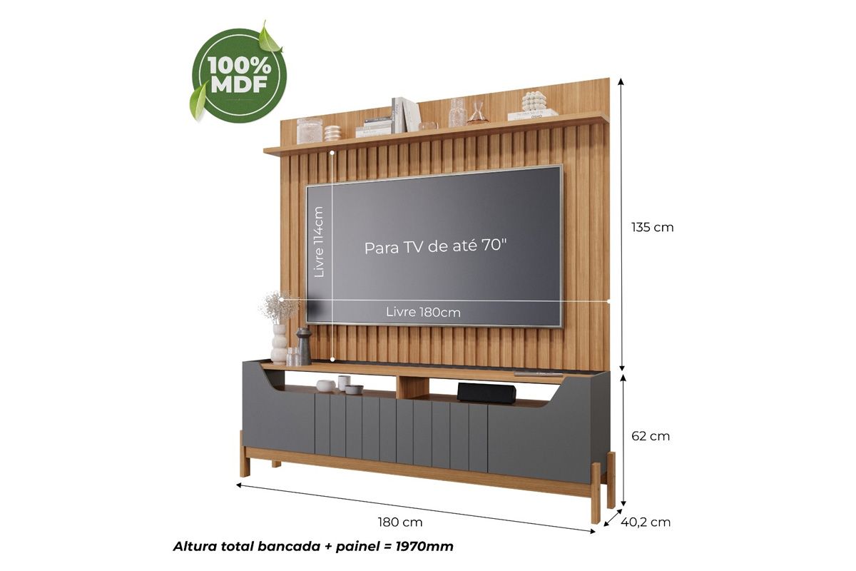 Home p/ TV até 70 Pol Moema Ripado c/ 4 Portas e Pés 185cm - Permóbili