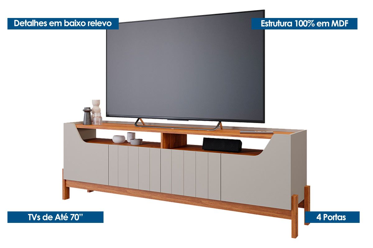 Home p/ TV até 70 Pol Moema Ripado c/ 4 Portas e Pés 185cm - Permóbili