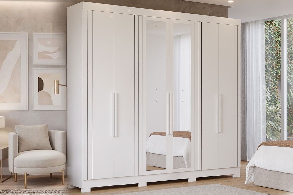 Guarda Roupa Casal 6 Portas (2 c/Espelho) e 6 Gavetas c/Pés Cecilia PananBranco
