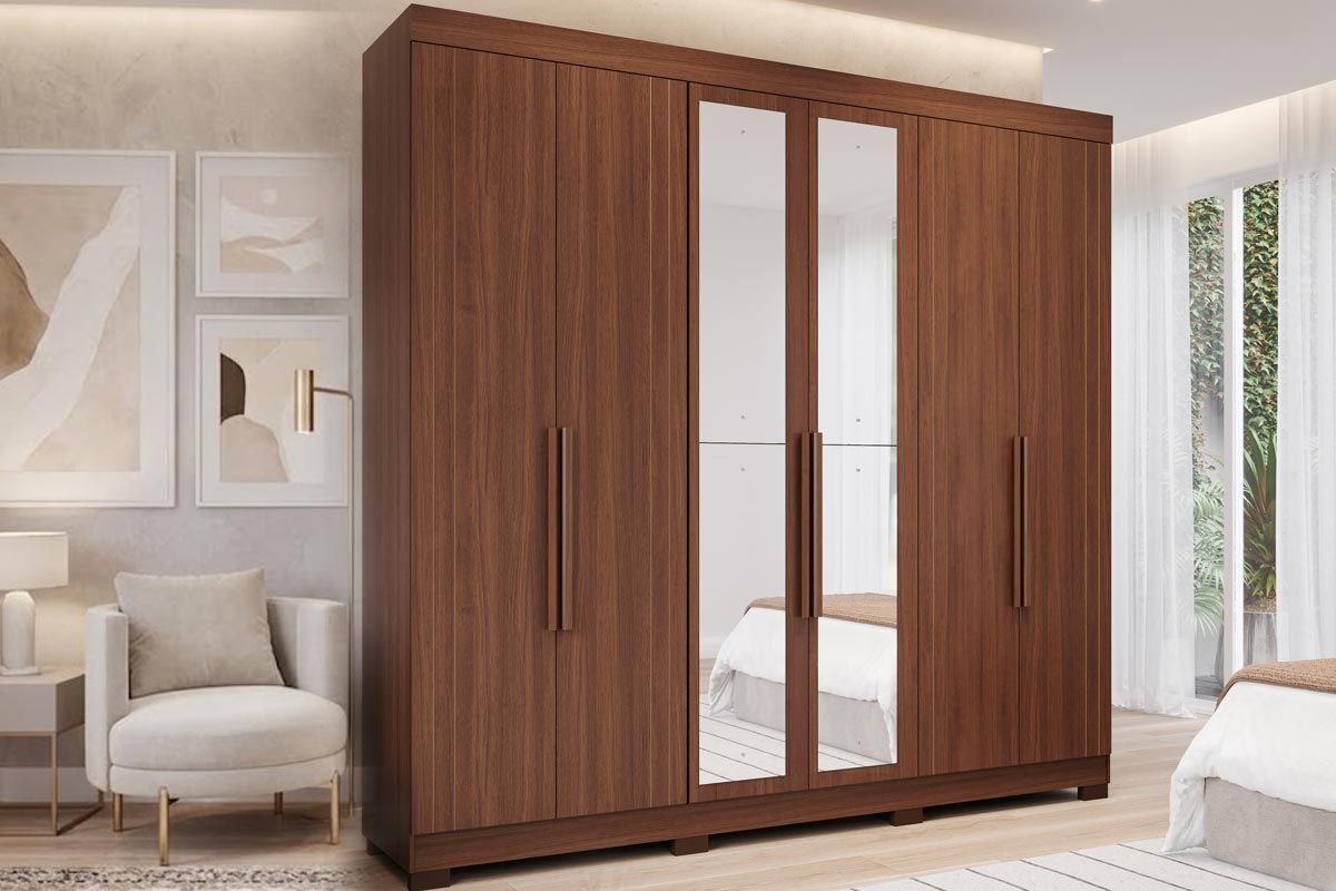 Guarda Roupa Casal 6 Portas (2 c/Espelho) e 6 Gavetas c/Pés Cecilia Panan
