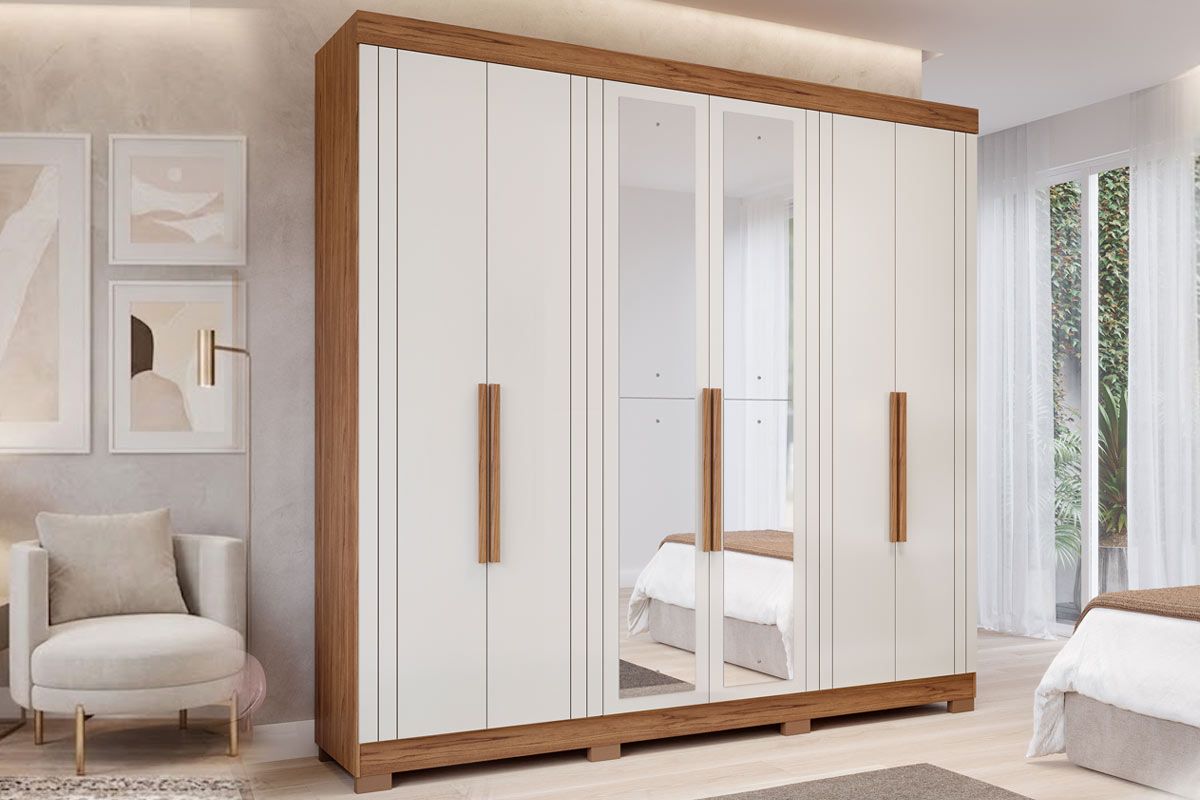 Guarda Roupa Casal 6 Portas (2 c/Espelho) e 6 Gavetas c/Pés Cecilia Panan