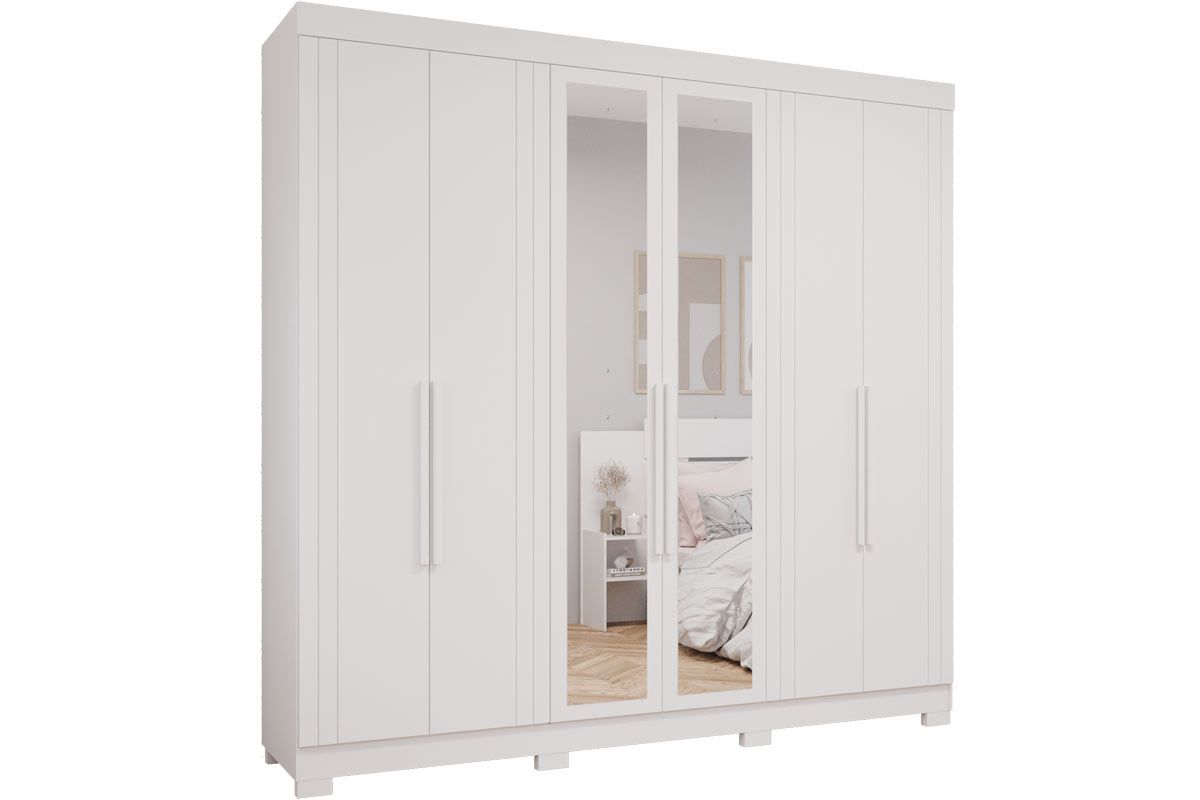 Guarda Roupa Casal 6 Portas (2 c/Espelho) e 6 Gavetas c/Pés Cecilia PananBranco