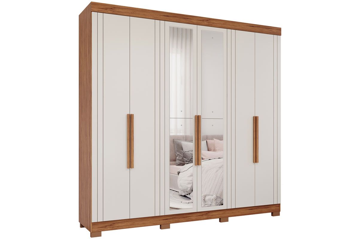 Guarda Roupa Casal 6 Portas (2 c/Espelho) e 6 Gavetas c/Pés Cecilia PananCinamomo/Off white