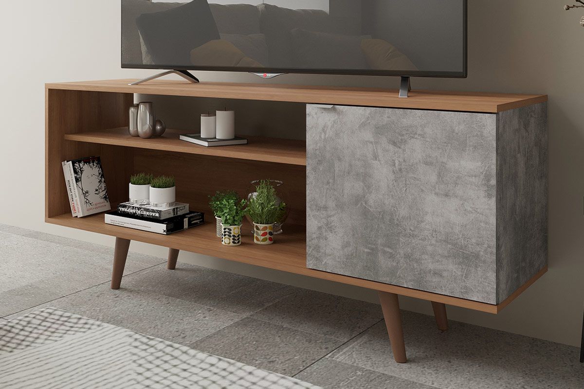 Rack Bancada p/ TV até 50 Pol R1486 c/1 Porta e 2 Nichos136cm Tecno MobiliAmêndoa/Concreto