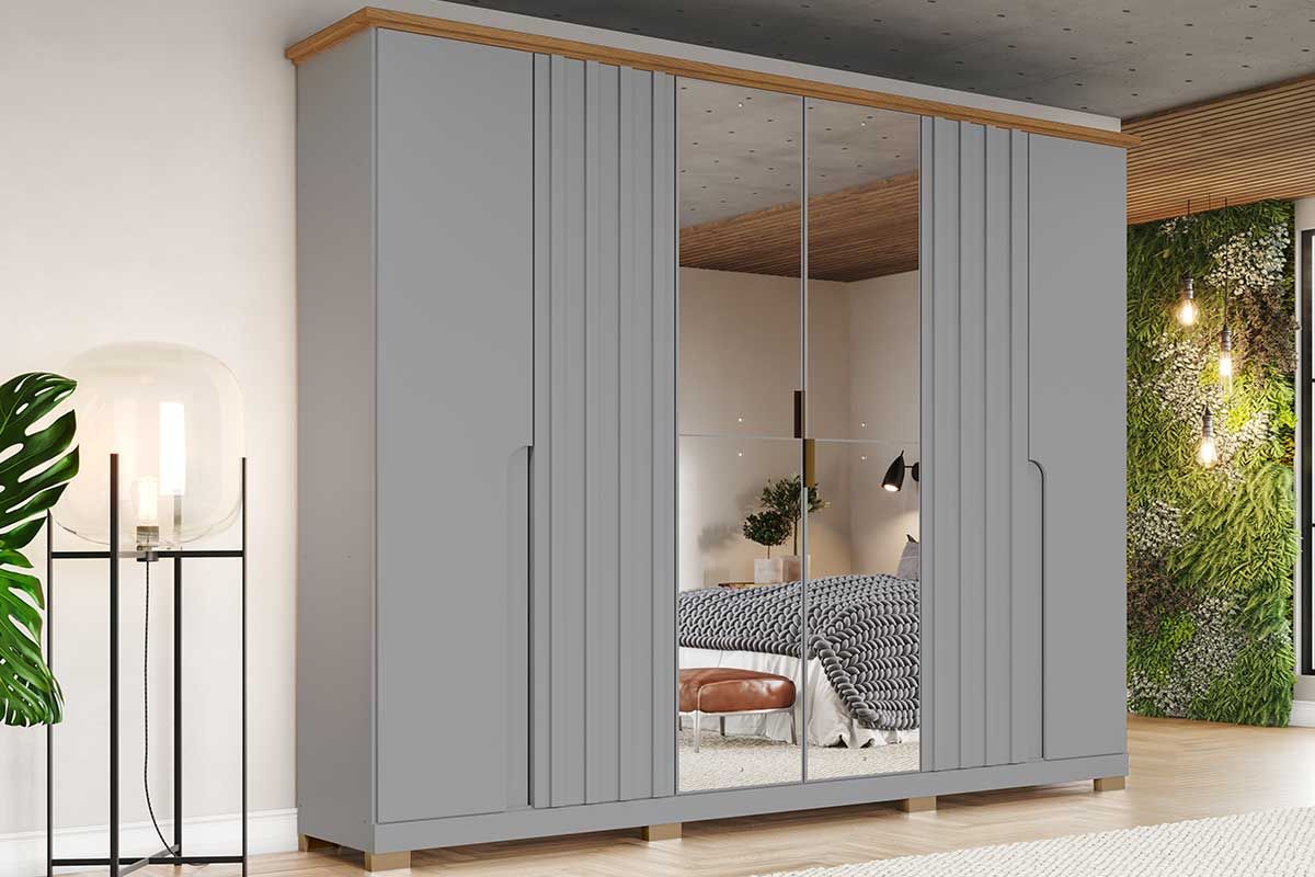 Guarda Roupa Casal 6 Portas (2 c/Espelho) e 6 Gavetas c/Pés Napoli Henn