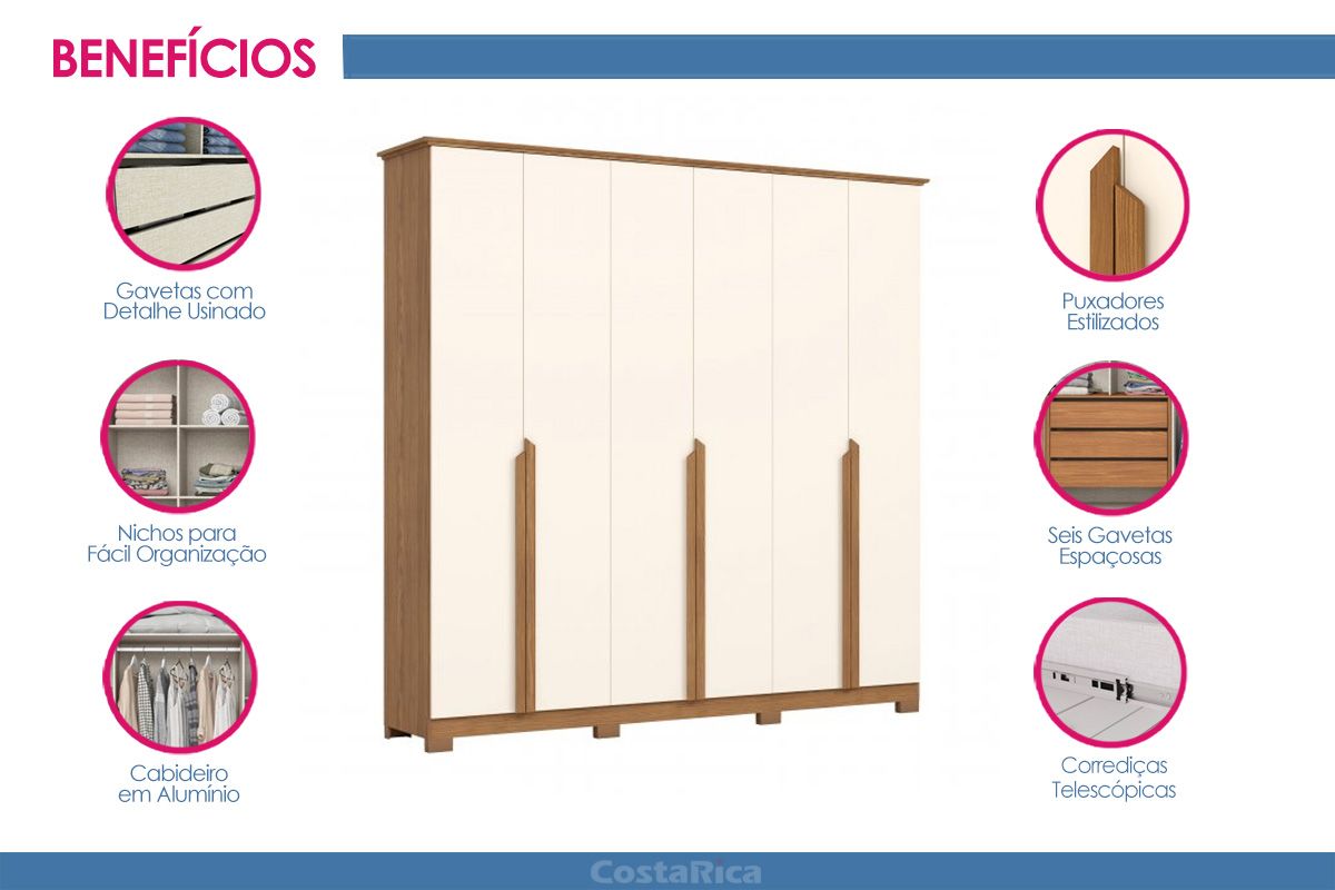 Guarda Roupa Casal 6 Portas e 6 Gavetas c/Pés Andréas Henn
