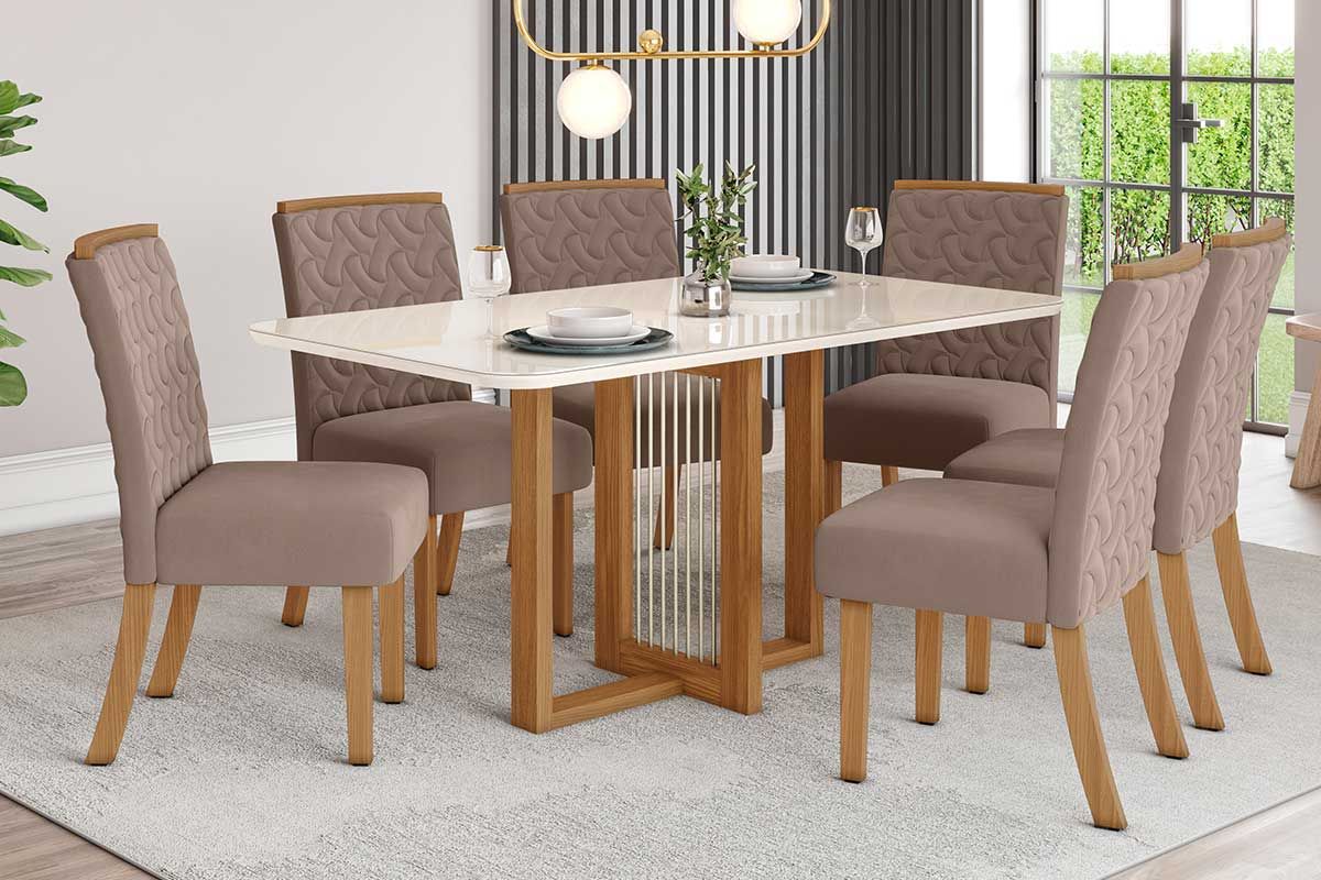 Mesa Jantar Natalí SC71 c/Tampo Madeirado c/Vidro Curvo 160x90cm Henn