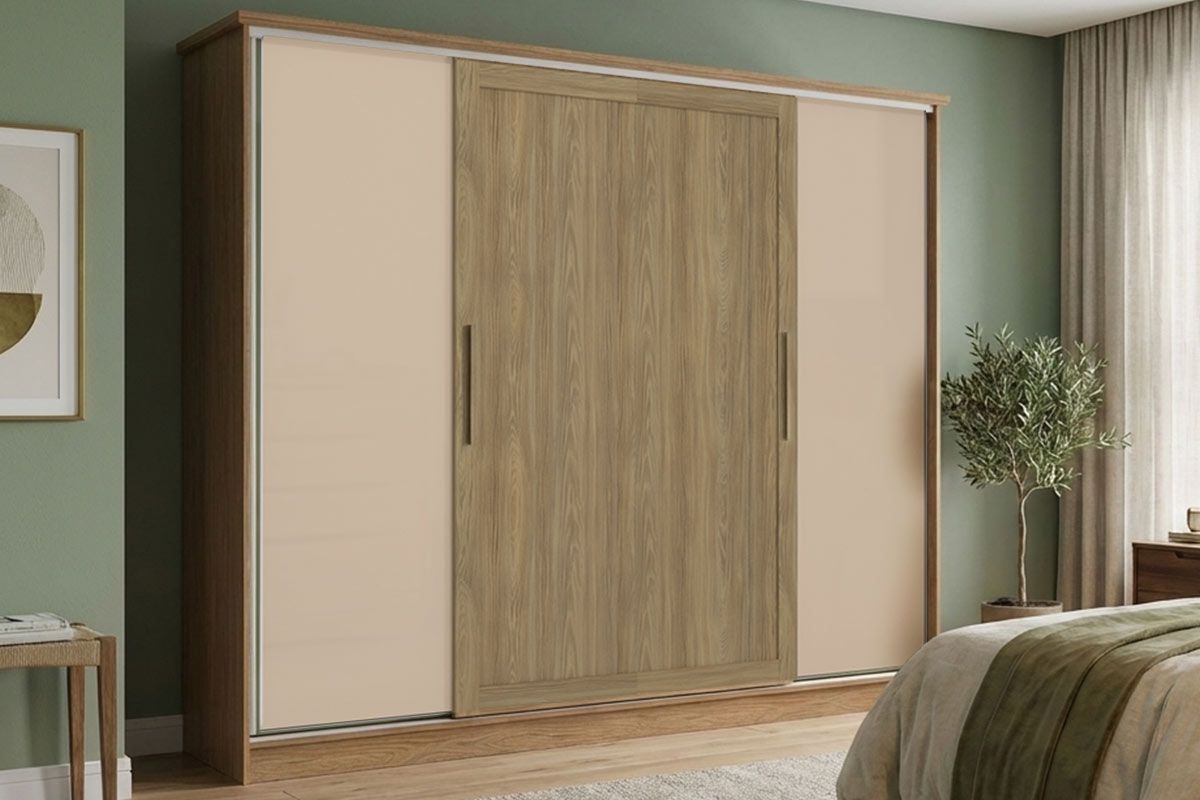 Guarda Roupa Casal 4 Portas Correr N565 KappesbergFlex Nogueira/Macadamia ou Verde