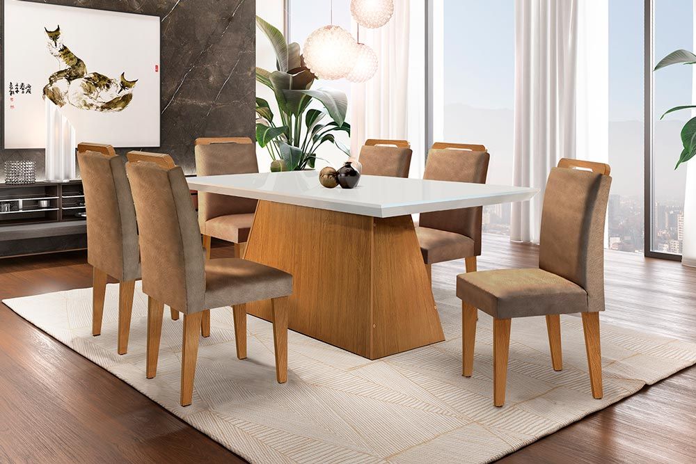 Sala de Jantar Completa Luna c/ Tampo Madeirado c/ Vidro Canto Reto 180cm e 6 Cadeiras Athenas - Rufato