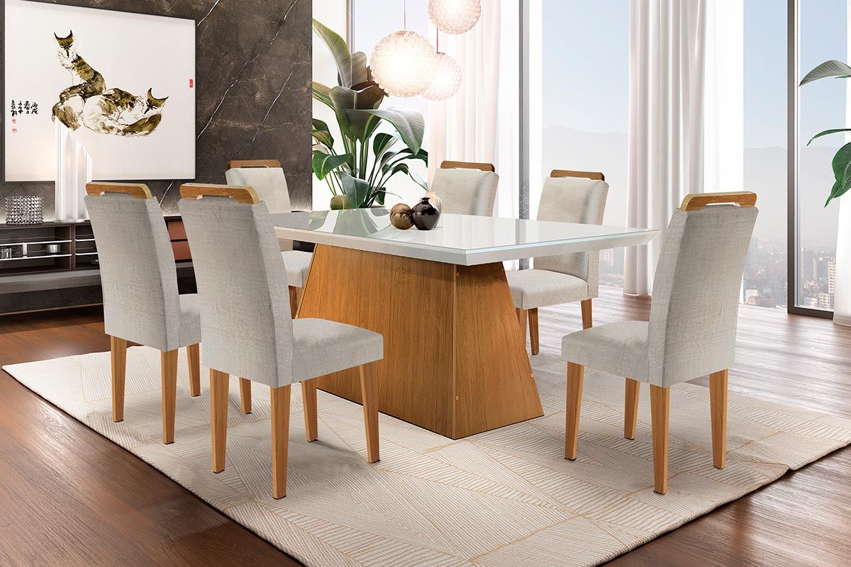 Sala de Jantar Completa Luna c/ Tampo Madeirado c/ Vidro Canto Reto 180cm e 6 Cadeiras Athenas - Rufato