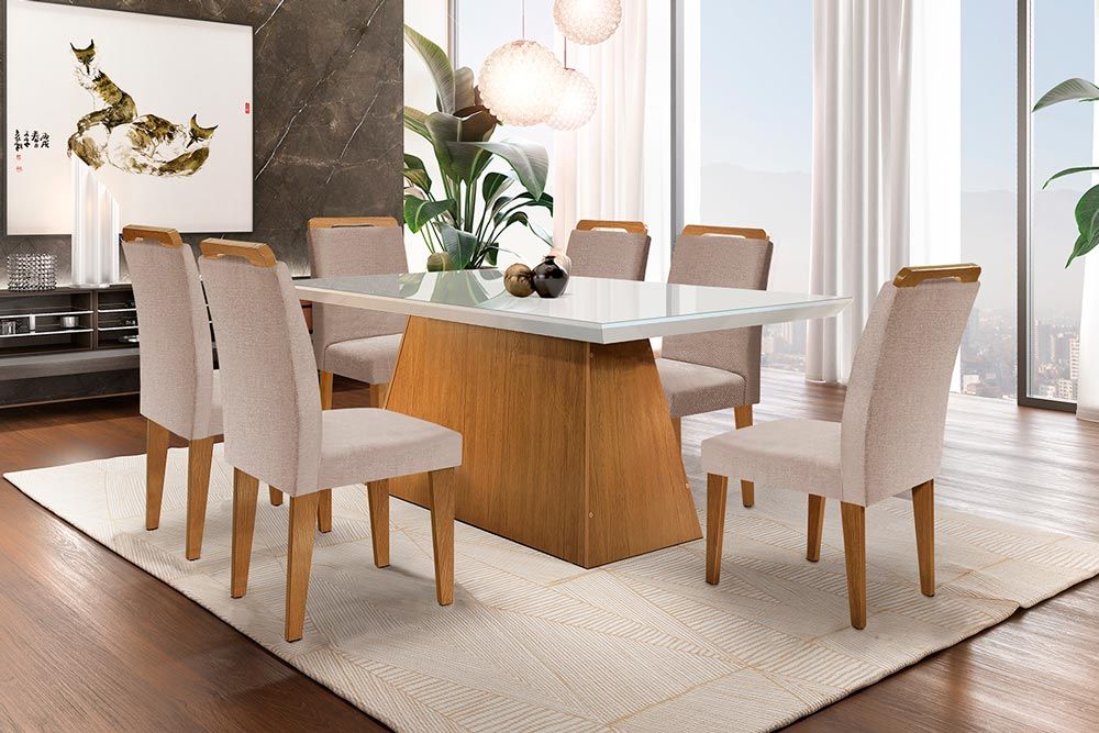 Sala de Jantar Completa Luna c/ Tampo Madeirado c/ Vidro Canto Reto 180cm e 6 Cadeiras Athenas - Rufato