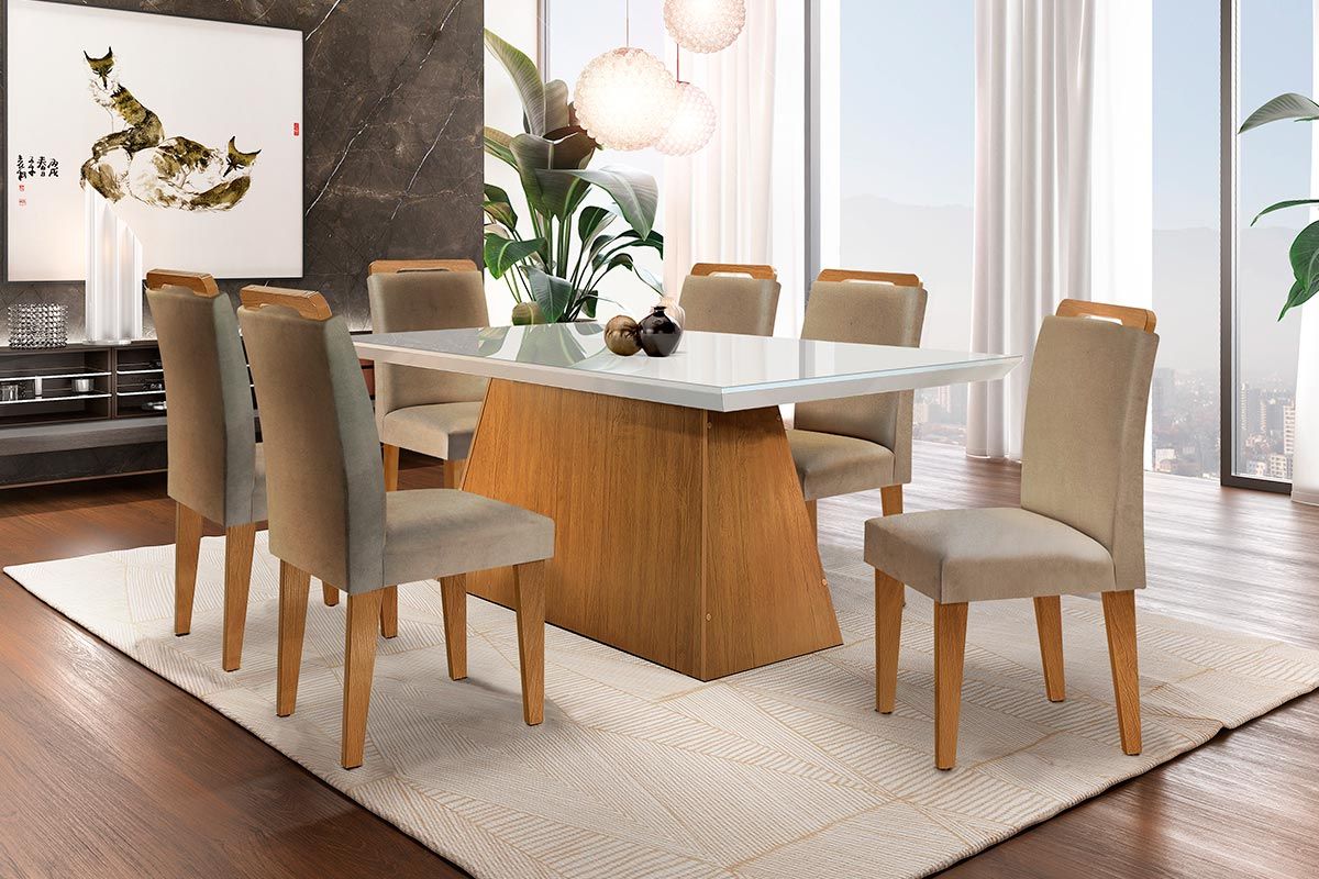 Sala de Jantar Completa Luna c/ Tampo Madeirado c/ Vidro Canto Reto 180cm e 6 Cadeiras Athenas - Rufato