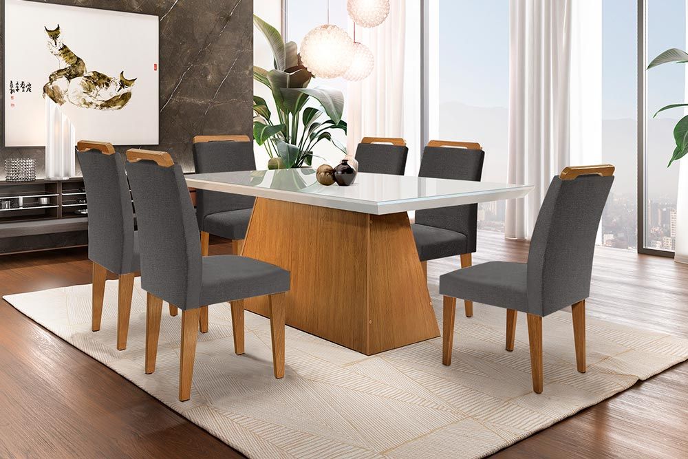 Sala de Jantar Completa Luna c/ Tampo Madeirado c/ Vidro Canto Reto 180cm e 6 Cadeiras Athenas - Rufato