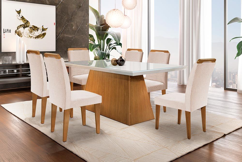 Sala de Jantar Completa Luna c/ Tampo Madeirado c/ Vidro Canto Reto 180cm e 6 Cadeiras Athenas - Rufato