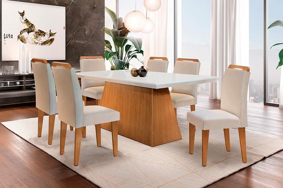 Sala de Jantar Completa Luna c/ Tampo Madeirado c/ Vidro Canto Reto 180cm e 6 Cadeiras Athenas - Rufato