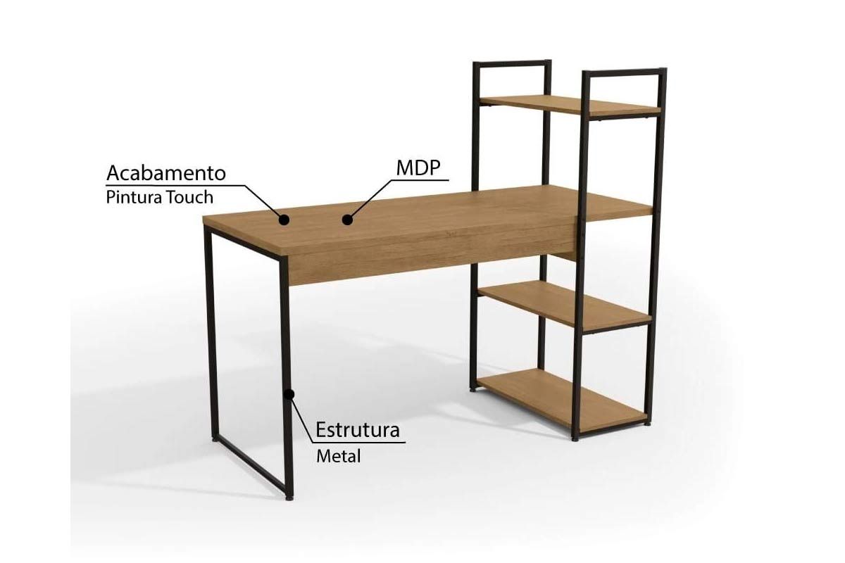 Escritório Completo Industrial (1 Escrivaninha, 1 Mesa de Centro, 1 Nicho) 3 Peças - Kappesberg