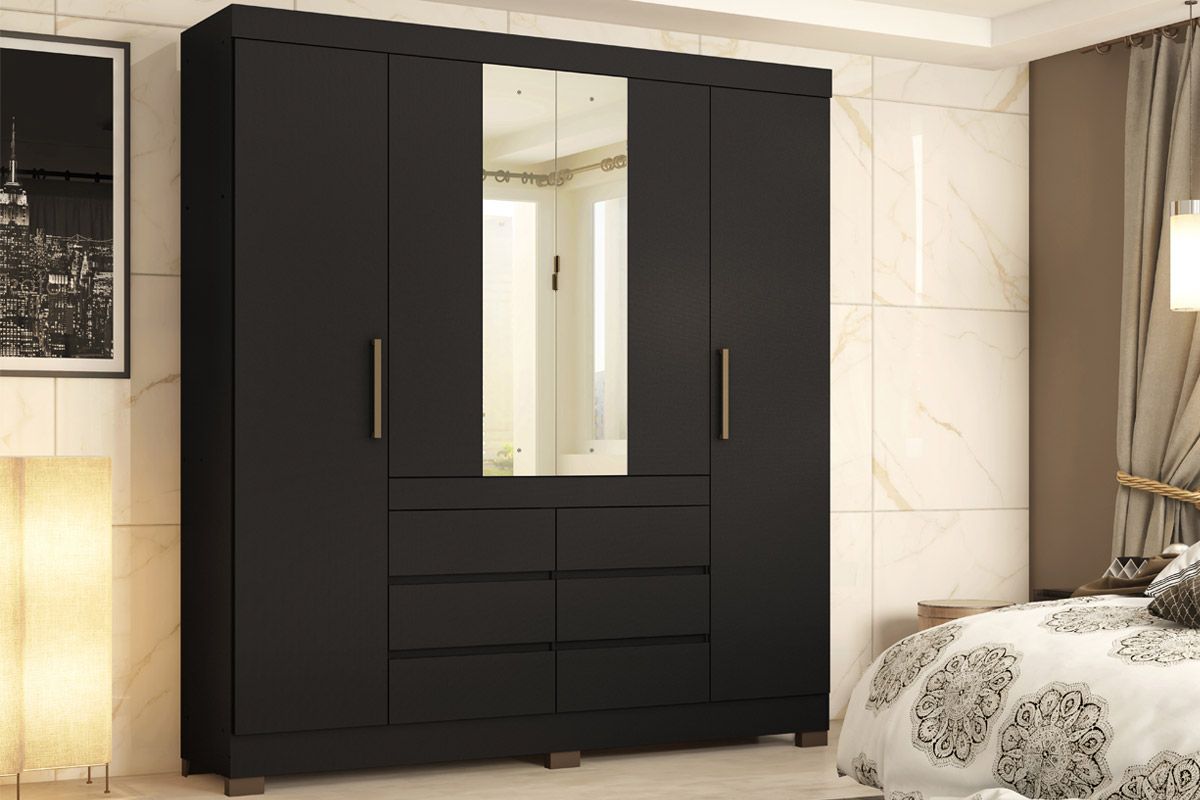 Guarda Roupa Casal 4 Portas (2 c/Espelho) e 6 Gavetas Cadis DemóbileAmendola/Preto Prime TX