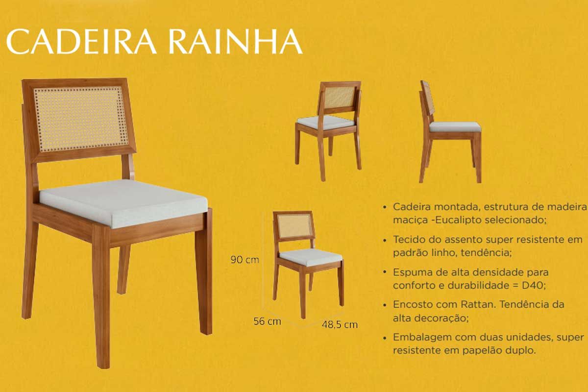 Sala Jantar Mesa Monalisa Tampo MDF/Vidro 160cm + 6Cadeiras Rainha - Nesher