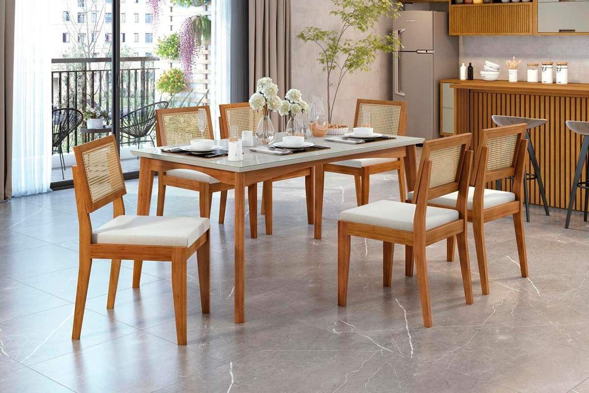 Sala Jantar Mesa Monalisa Tampo MDF/Vidro 160cm + 6Cadeiras Rainha - Nesher