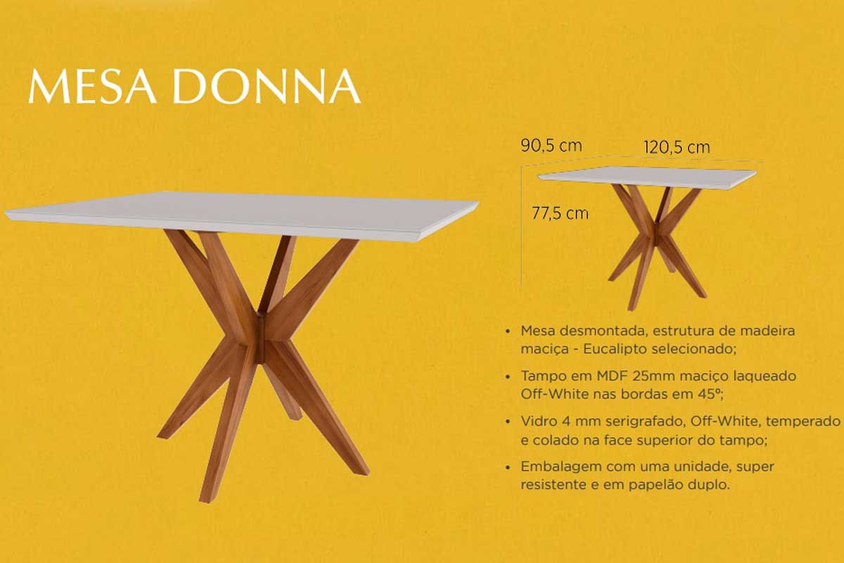Sala Jantar Mesa Donna Tampo MDF/Vidro 120cm + 4Cadeiras Rainha - Nesher