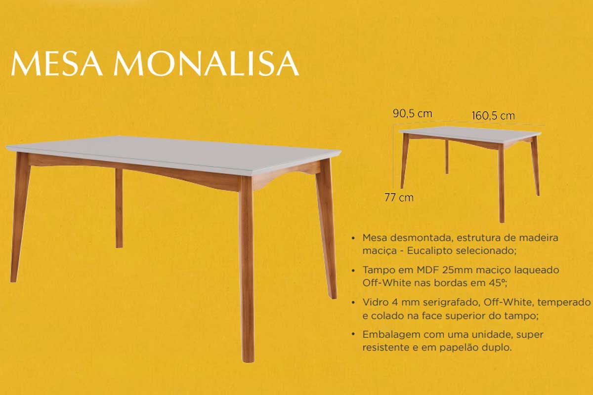 Sala Jantar Mesa Monalisa Tampo MDF/Vidro 160cm + 6Cadeiras Lady - Nesher