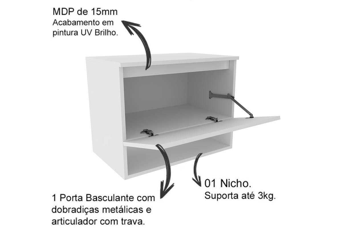 Conjunto Banheiro Balcão Suspenso BN3607 s/Cuba 60cm e Armário c/Espelho BN3608 Tecno Mobili