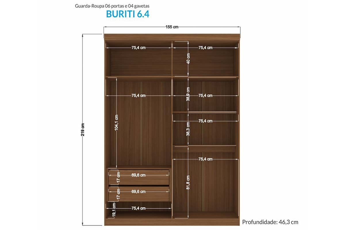 Guarda Roupa Solteiro 4 Portas (2 Ripadas) e 2 Gavetas Buriti S. Andirá
