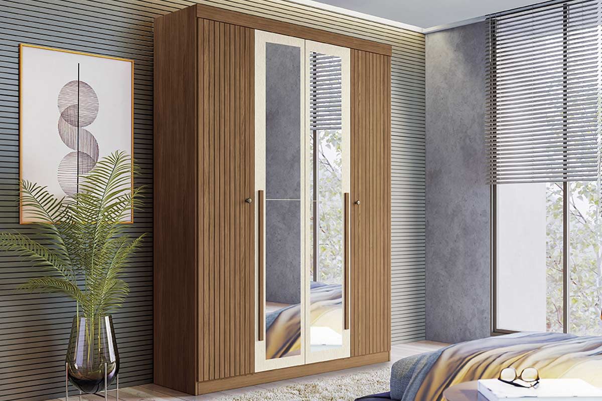 Guarda Roupa Solteiro 4 Portas (2 Ripadas e 2 c/Espelho) e 2 Gavetas Buriti S. AndiráJatobá/Areia
