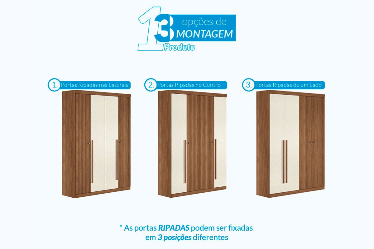 Guarda Roupa Solteiro 4 Portas (2 Ripadas e 2 c/Espelho) e 2 Gavetas Buriti S. AndiráJatobá/Areia