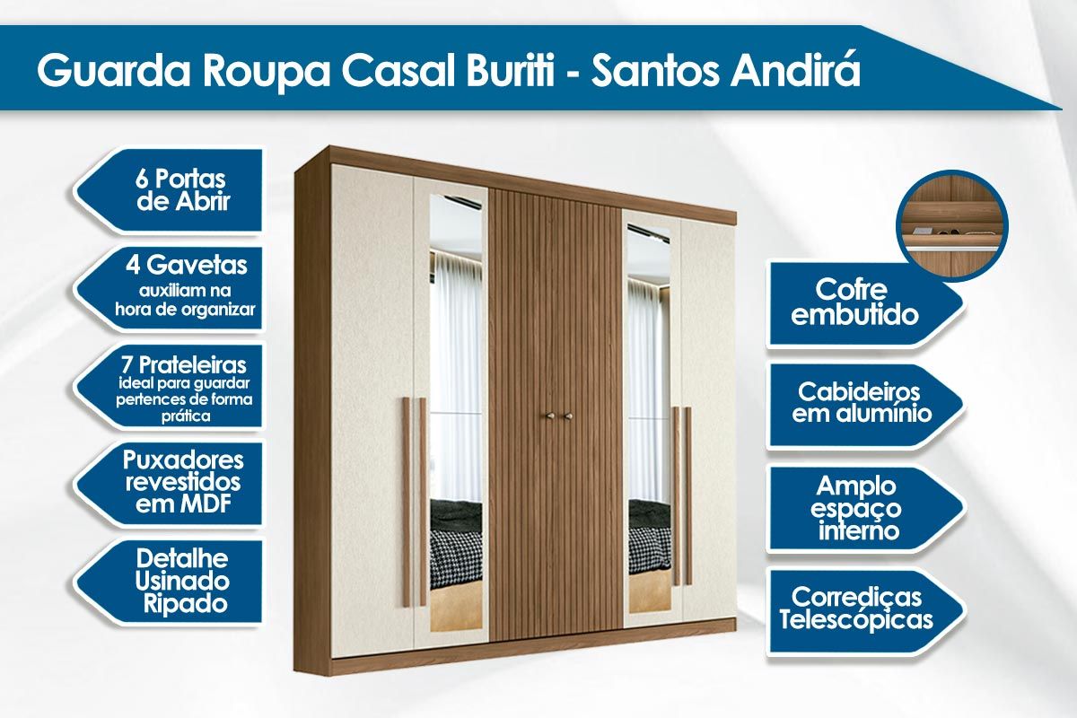 Guarda Roupa Casal 6 Portas (2 Ripadas) e 4 Gavetas c/Espelho Buriti S. Andirá Guarda Roupa Casal 6 Portas (2 Ripadas) e 4 Gavetas c/Espelho Buriti S. Andirá