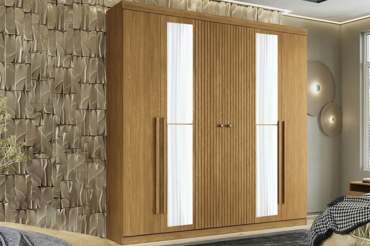 Guarda Roupa Casal 6 Portas (2 Ripadas) e 4 Gavetas c/Espelho Buriti S. AndiráCinamomo Guarda Roupa Casal 6 Portas (2 Ripadas) e 4 Gavetas c/Espelho Buriti S. AndiráCinamomo