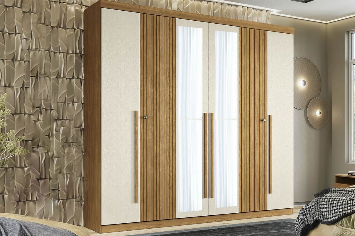 Guarda Roupa Casal 6 Portas (2 Ripadas) e 4 Gavetas c/Espelho Buriti S. AndiráCinamomo/Areia Guarda Roupa Casal 6 Portas (2 Ripadas) e 4 Gavetas c/Espelho Buriti S. AndiráCinamomo/Areia