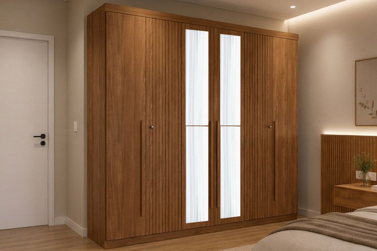Guarda Roupa Casal 6 Portas (2 Ripadas) e 4 Gavetas c/Espelho Buriti S. AndiráJatobá Guarda Roupa Casal 6 Portas (2 Ripadas) e 4 Gavetas c/Espelho Buriti S. AndiráJatobá