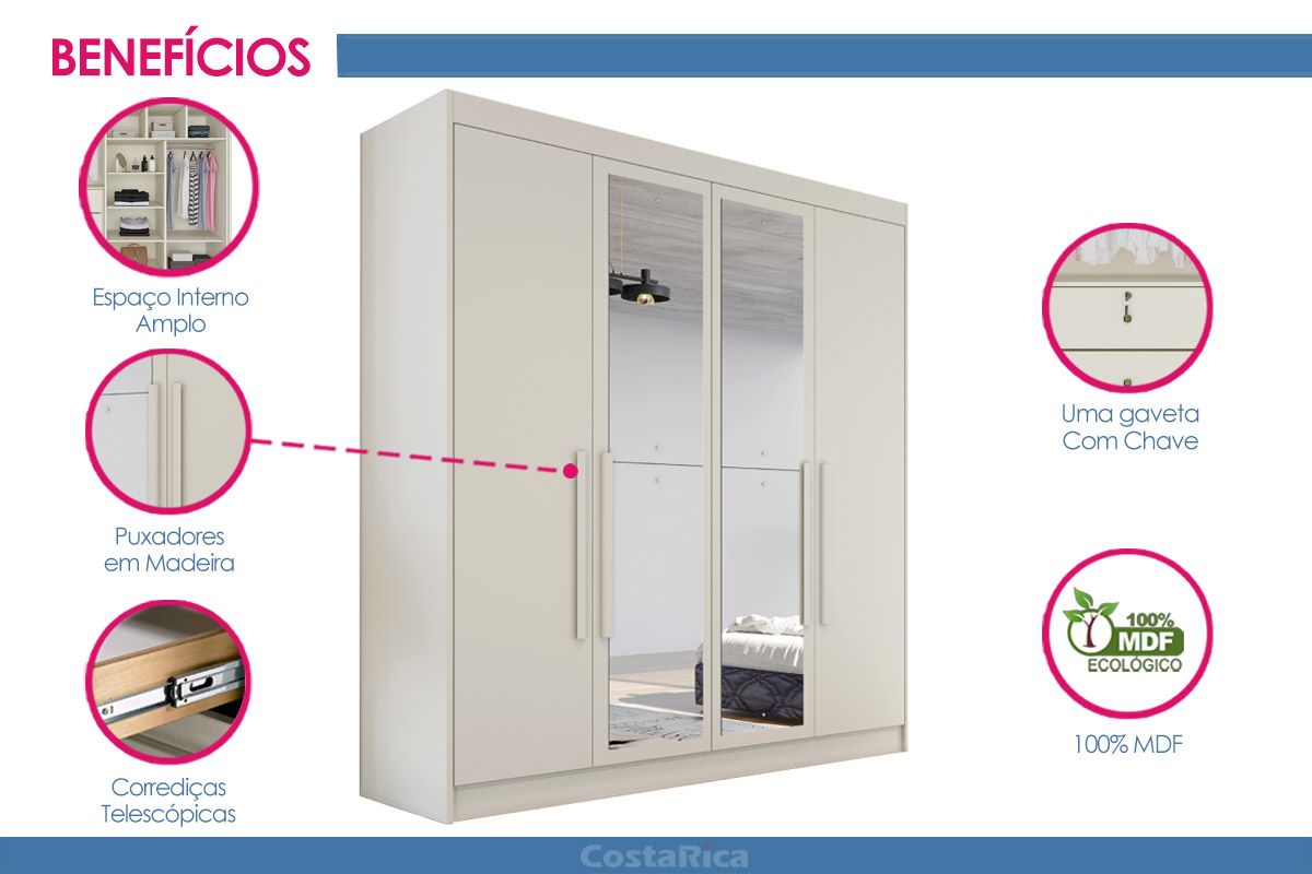 Guarda Roupa Solteiro 4 Portas c/Esp Nantes Europa
