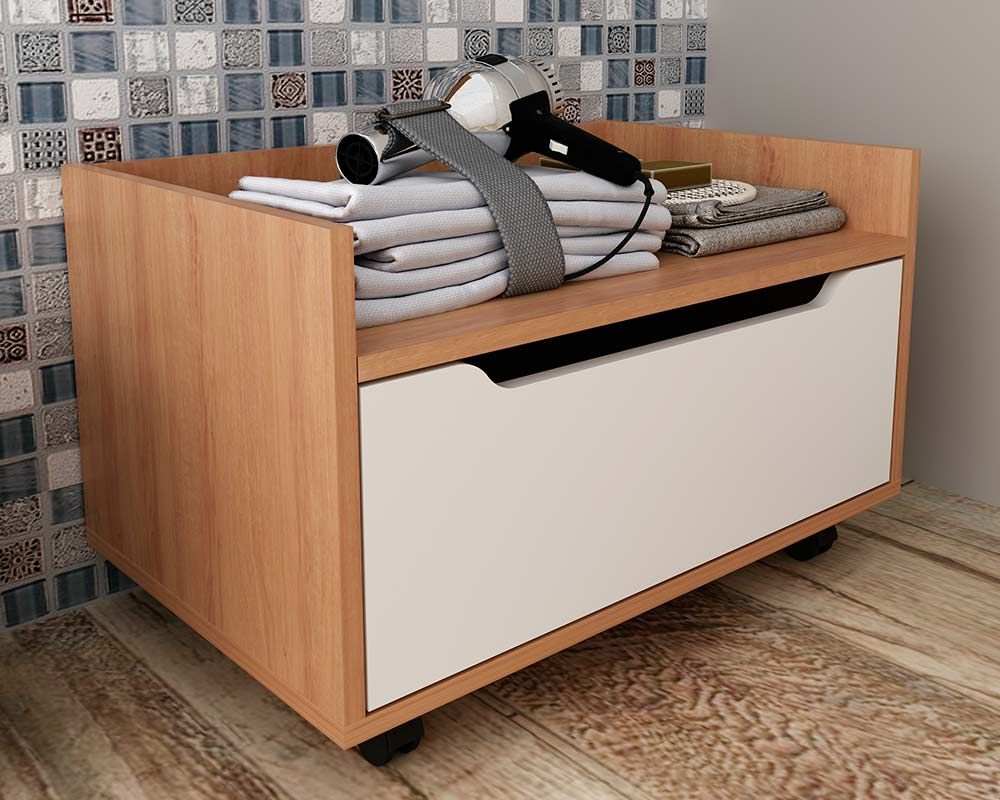 Gabinete Banheiro Suspenso c/Rodizio BN3647 s/ Cuba c/1 Gaveta 60cm Tecno MobiliAmêndoa/Branco