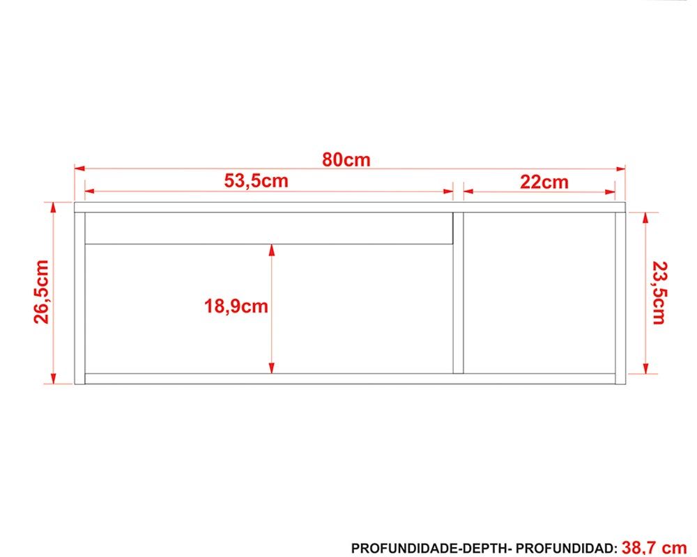 Conjunto Banheiro Balcão Suspenso BN3601 s/ Cuba 80cm e Armário c/Espelho BN3608 Tecno Mobili