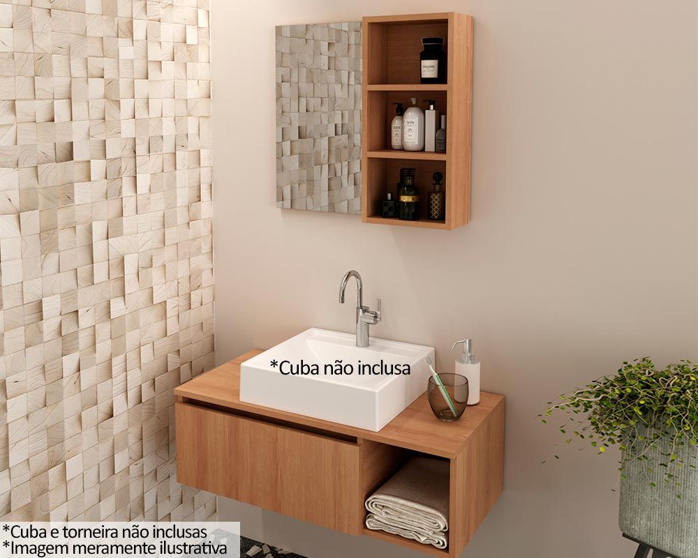 Conjunto Banheiro Balcão Suspenso BN3601 s/ Cuba 80cm e Armário c/Espelho BN3609 Tecno Mobili
