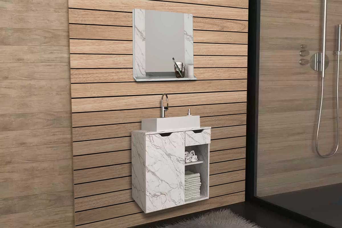 Conjunto Banheiro Balcão Suspenso BN3605 c/Cuba 60cm BN3600 e Armário c/Espelho BN3610 Tecno Mobili