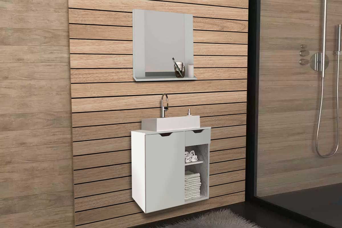Conjunto Banheiro Balcão Suspenso BN3605 c/Cuba 60cm BN3600 e Armário c/Espelho BN3610 Tecno Mobili