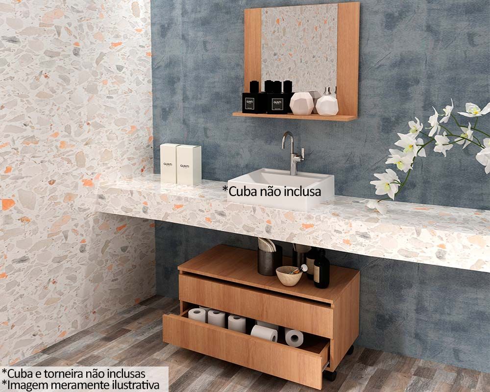 Conjunto Banheiro Balcão c/Rodizios BN3603 s/ Cuba 80cm e Armário c/Espelho BN3610 Tecno Mobili