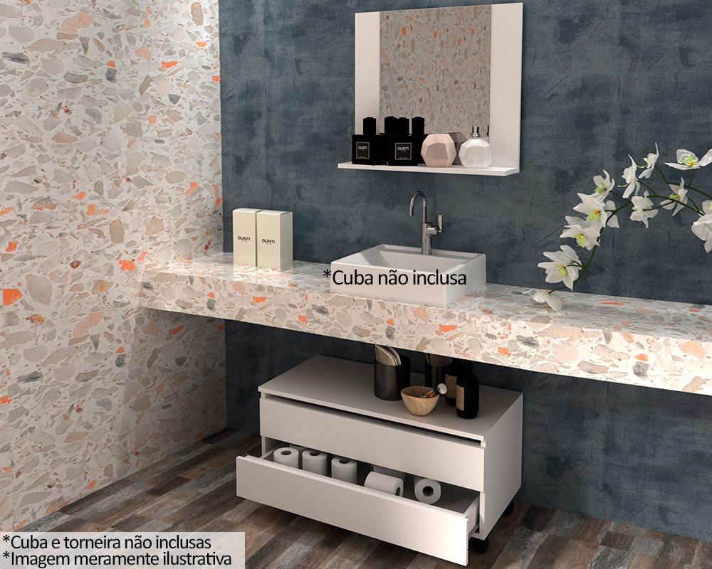 Conjunto Banheiro Balcão c/Rodizios BN3603 s/ Cuba 80cm e Armário c/Espelho BN3610 Tecno Mobili