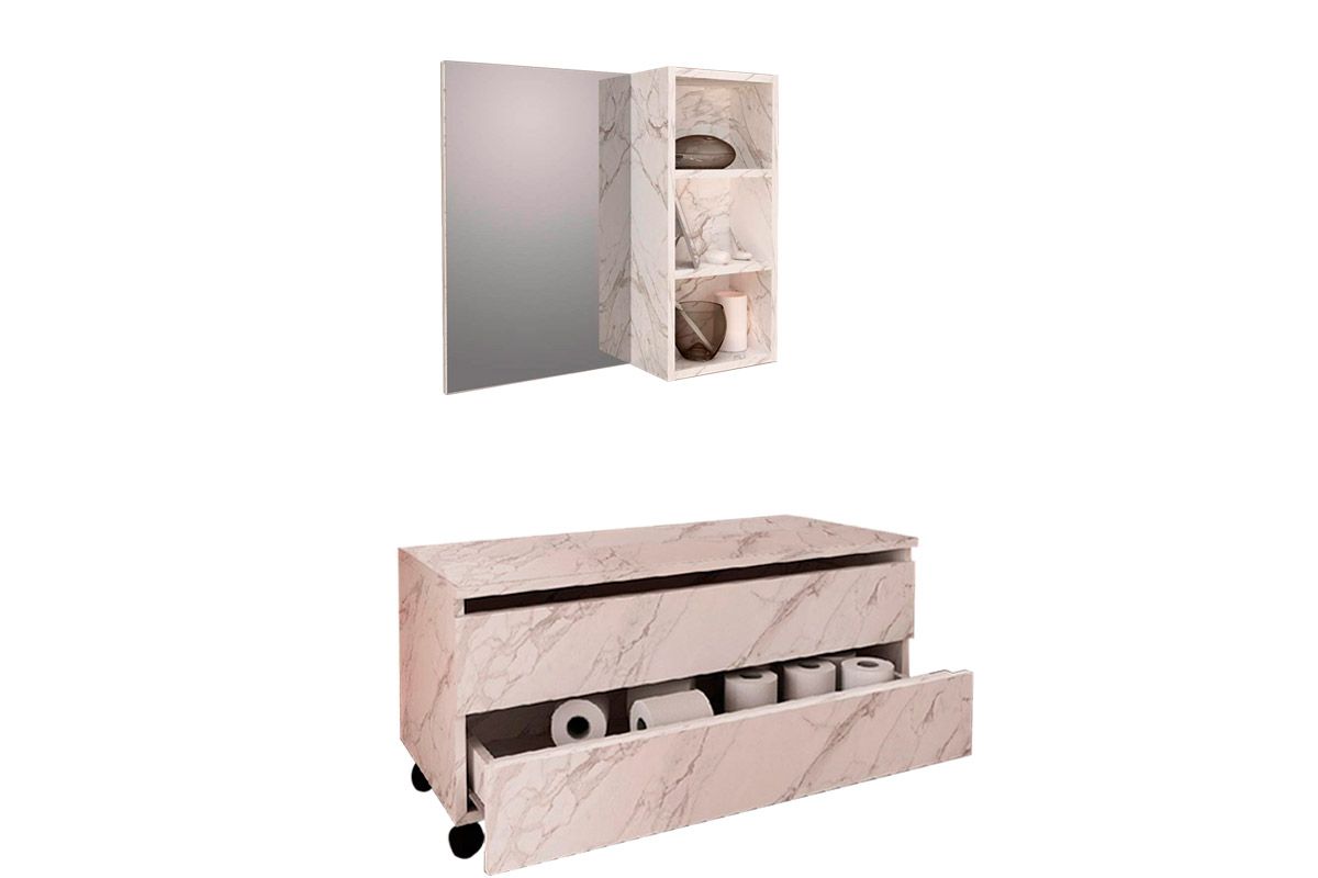 Conjunto Banheiro Balcão c/Rodizios BN3603 s/ Cuba 80cm e Armário c/Espelho BN3609 Tecno Mobili
