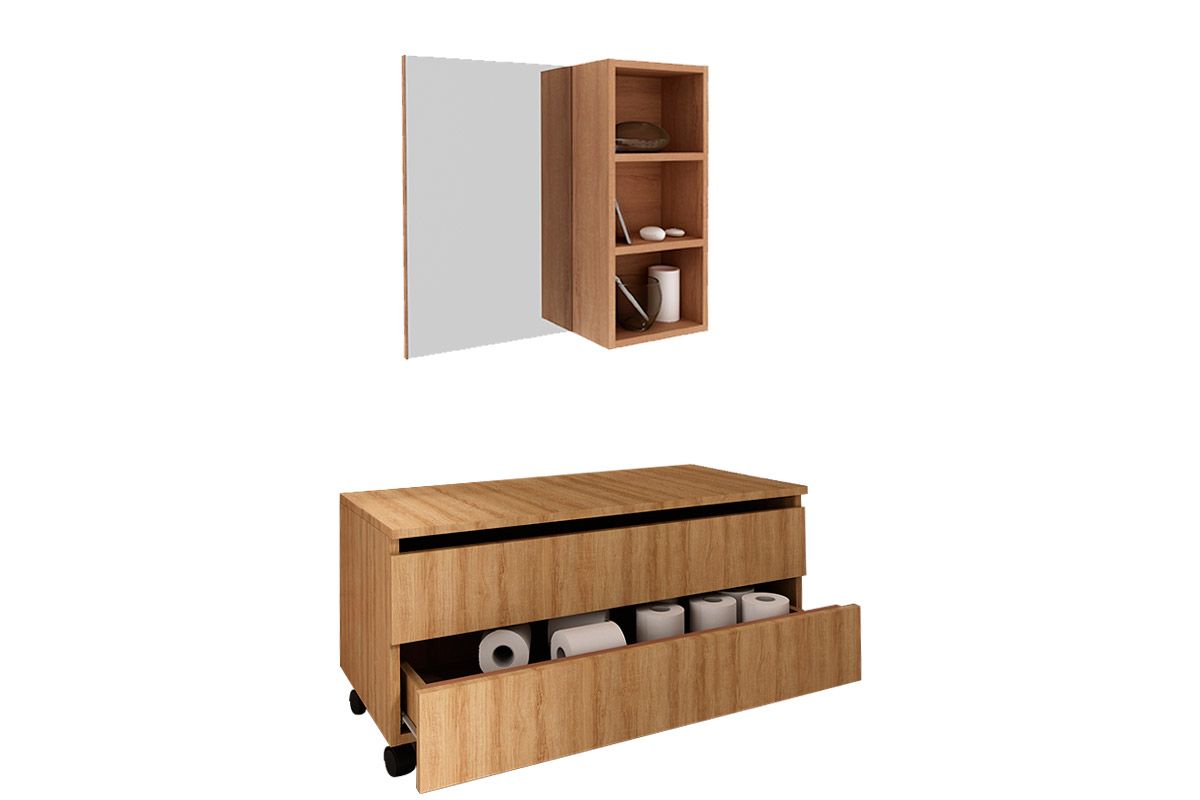 Conjunto Banheiro Balcão c/Rodizios BN3603 s/ Cuba 80cm e Armário c/Espelho BN3609 Tecno Mobili